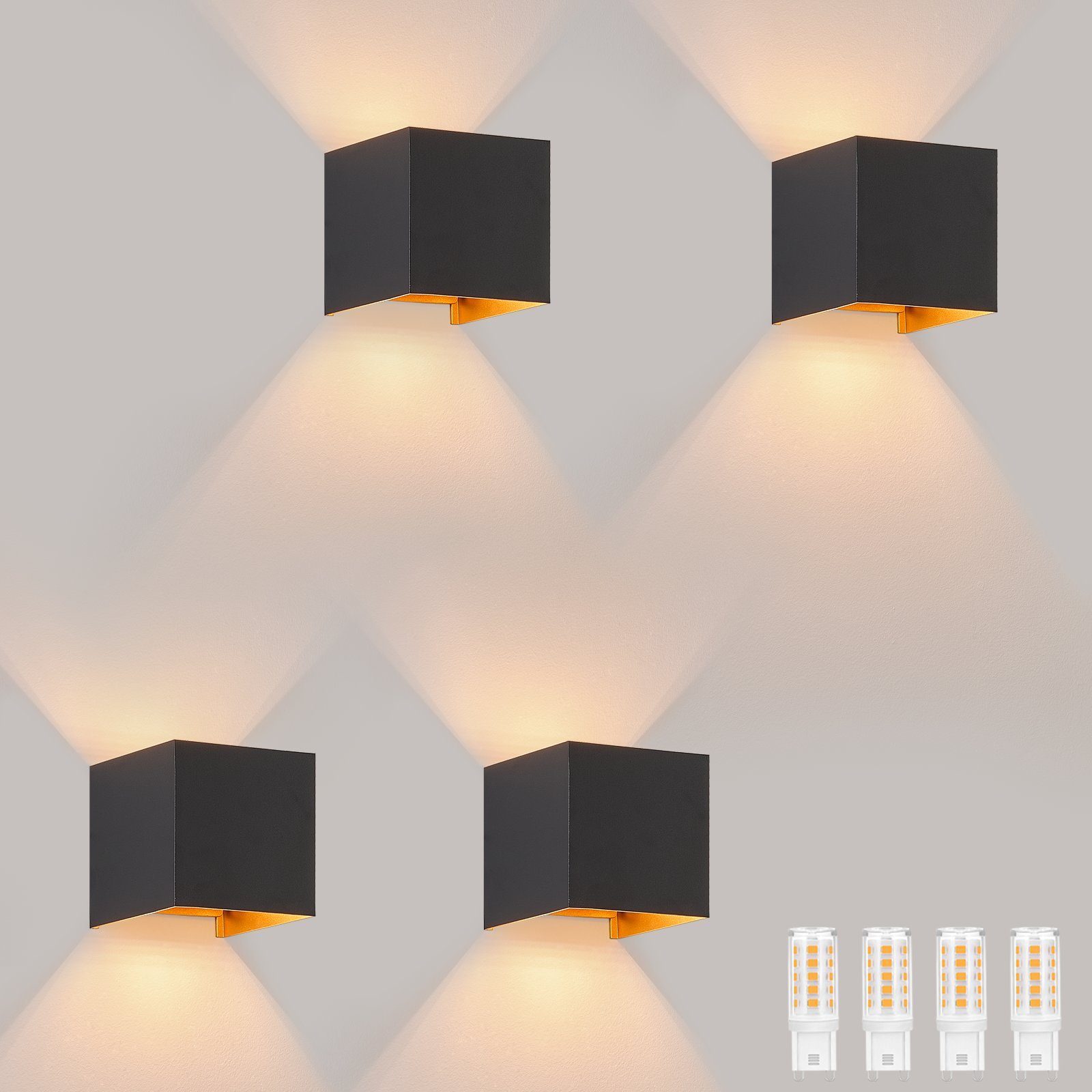 NETTLIFE LED - seinävalaisin, 3W, 4Kpl - G9, ulko -/sisäseinävalaisin, musta ja Kulta VedenpitäväKaksoissäde, säädettävä, IP65 230V, 3000K
