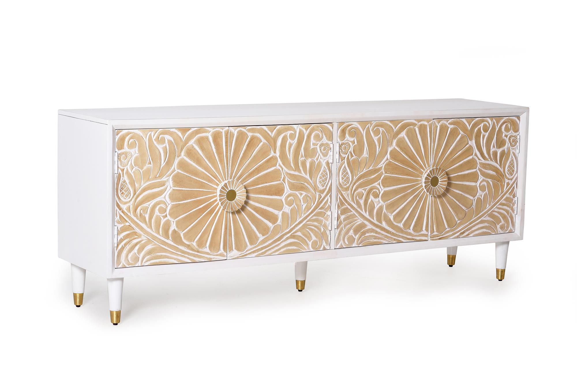 TV-taso valkoisesta mangopuusta kultaisilla yksityiskohdilla