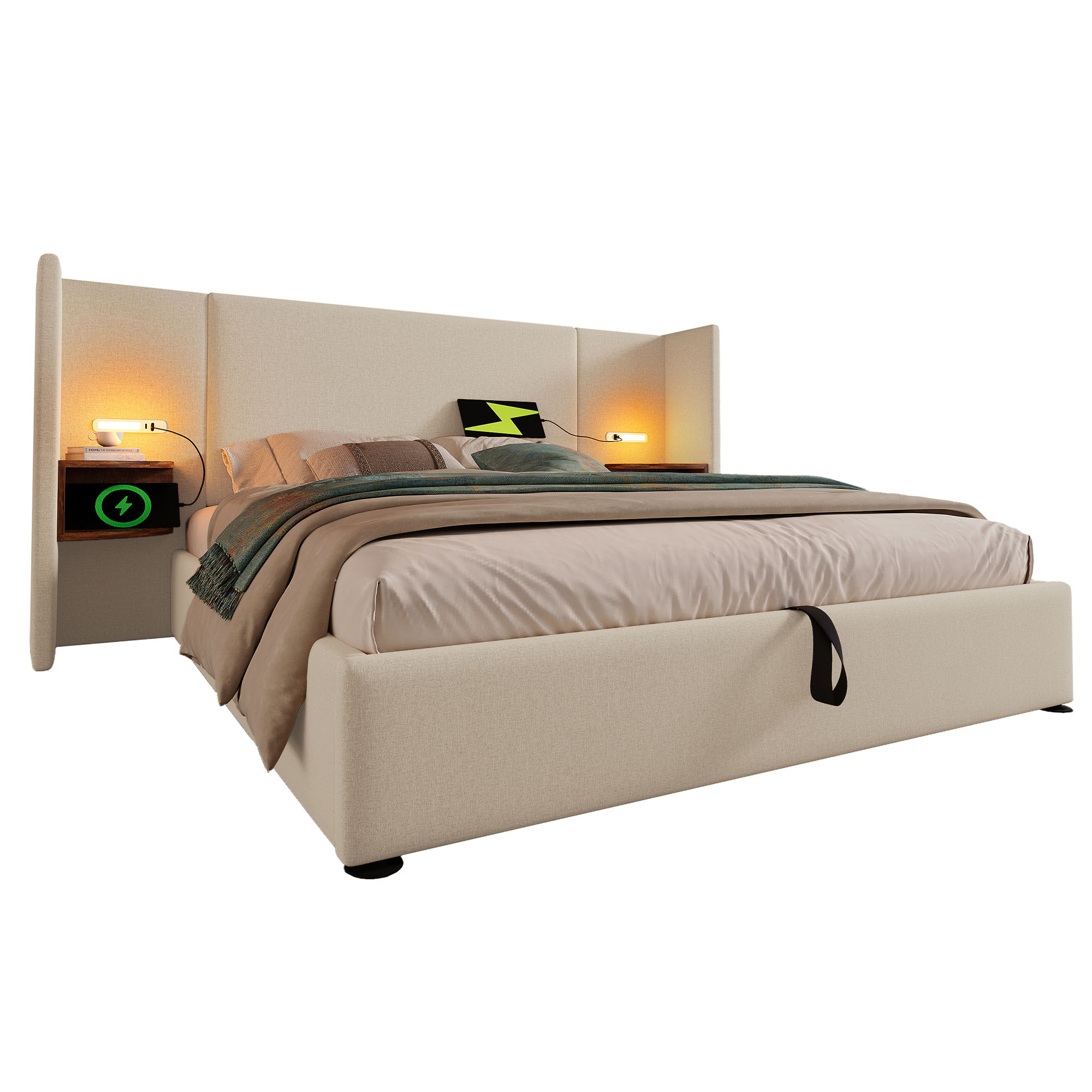 sänky 160x200 cm säilytystila LED-valaistus USB- ja Type-C-lataus beige kangas