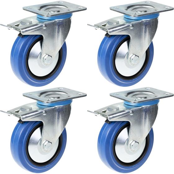 125mm 5" sininen kumirosteri, jarrulla varustettu pyörivä kääntöpyörä, vahva 800kg kantavuus, 4 kpl:n setti.