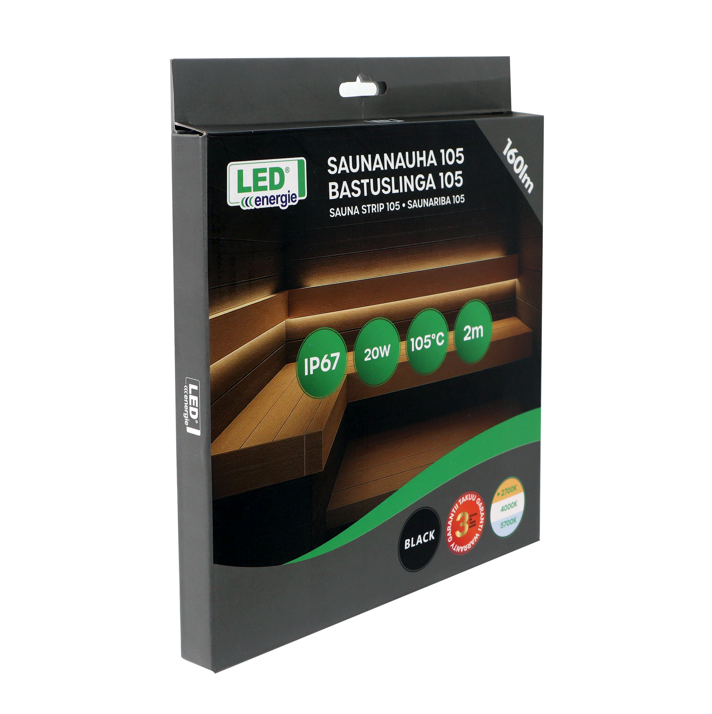 Led Energie Saunanauha 105 musta 2,0m 2700K 10W/m IP67 160lm