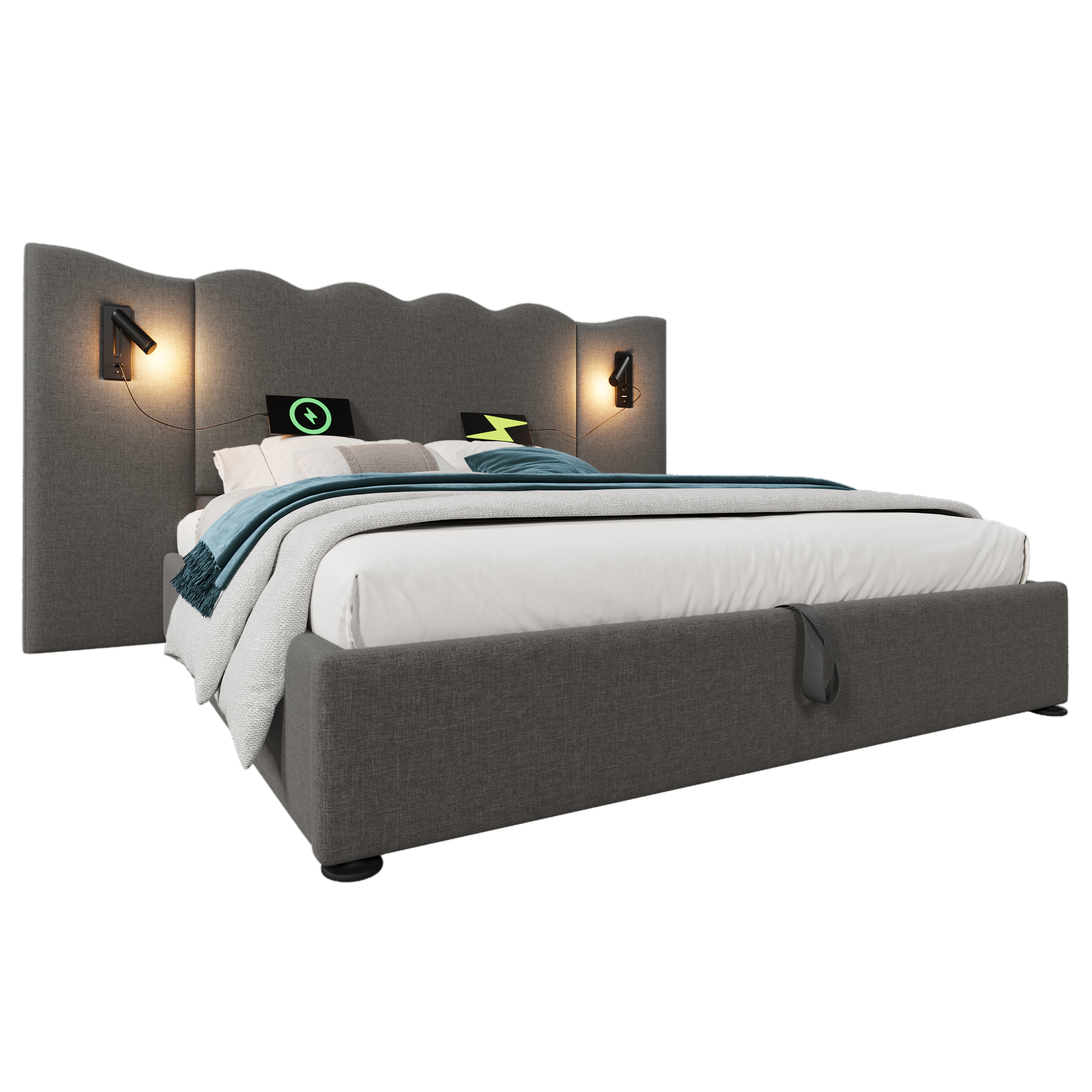 sänky 160x200 cm turva-aidat säilytystila LED-valaistus USB-C ladattava harmaa kangas