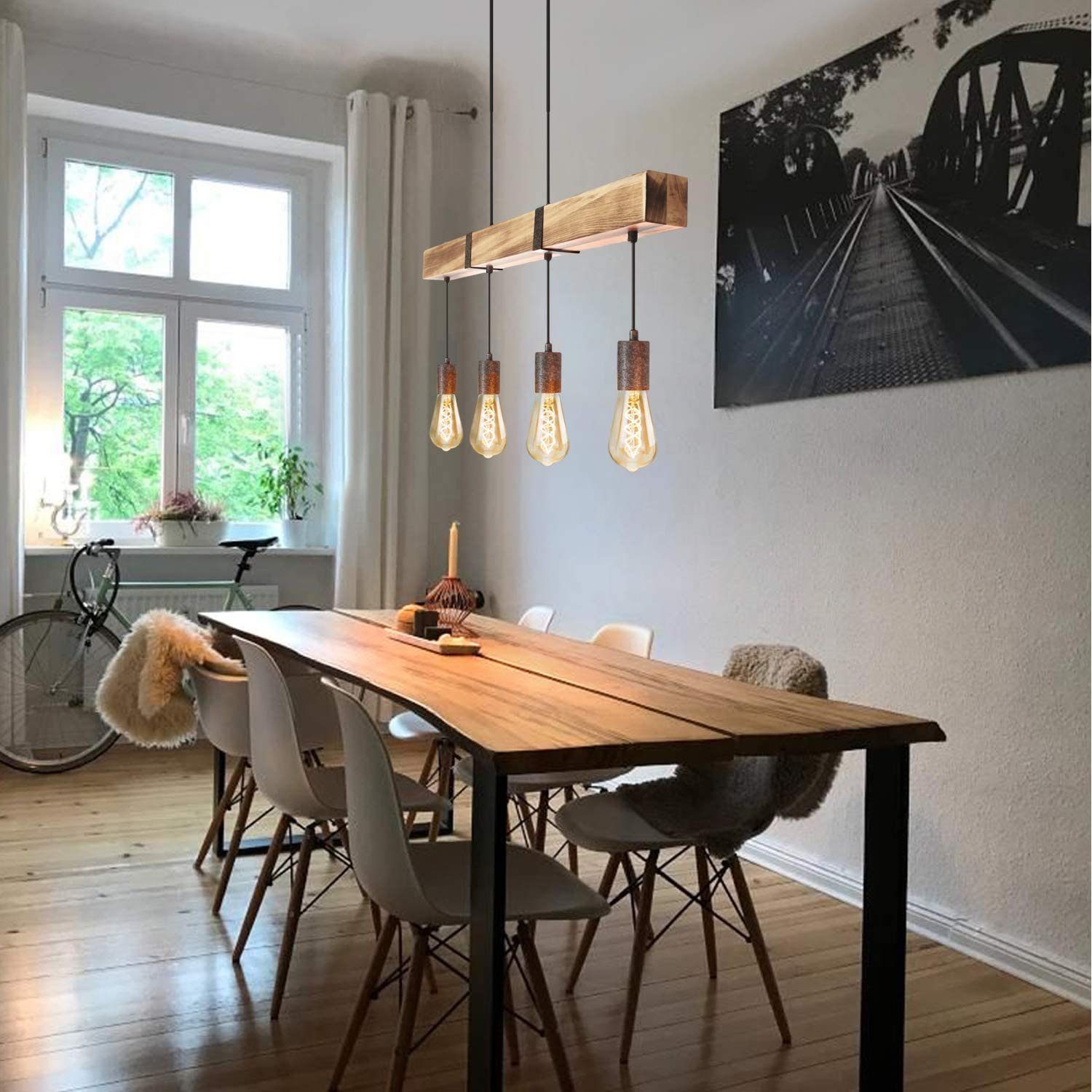 ZMH Retro -riippuvalaisin neljällä E27-lampulla, halkaisija 80 cm, 40 W, puupalkki, sopii ruokailutilaan ja keittiöön, maksimiteho