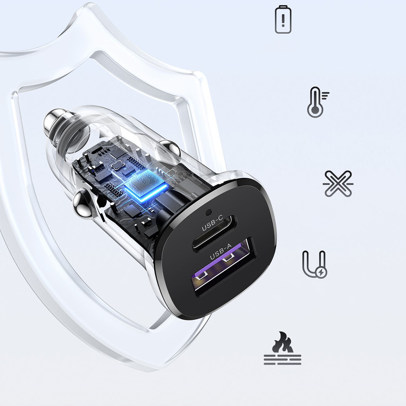 USB-C USB-A 30W Autolaturi - Musta