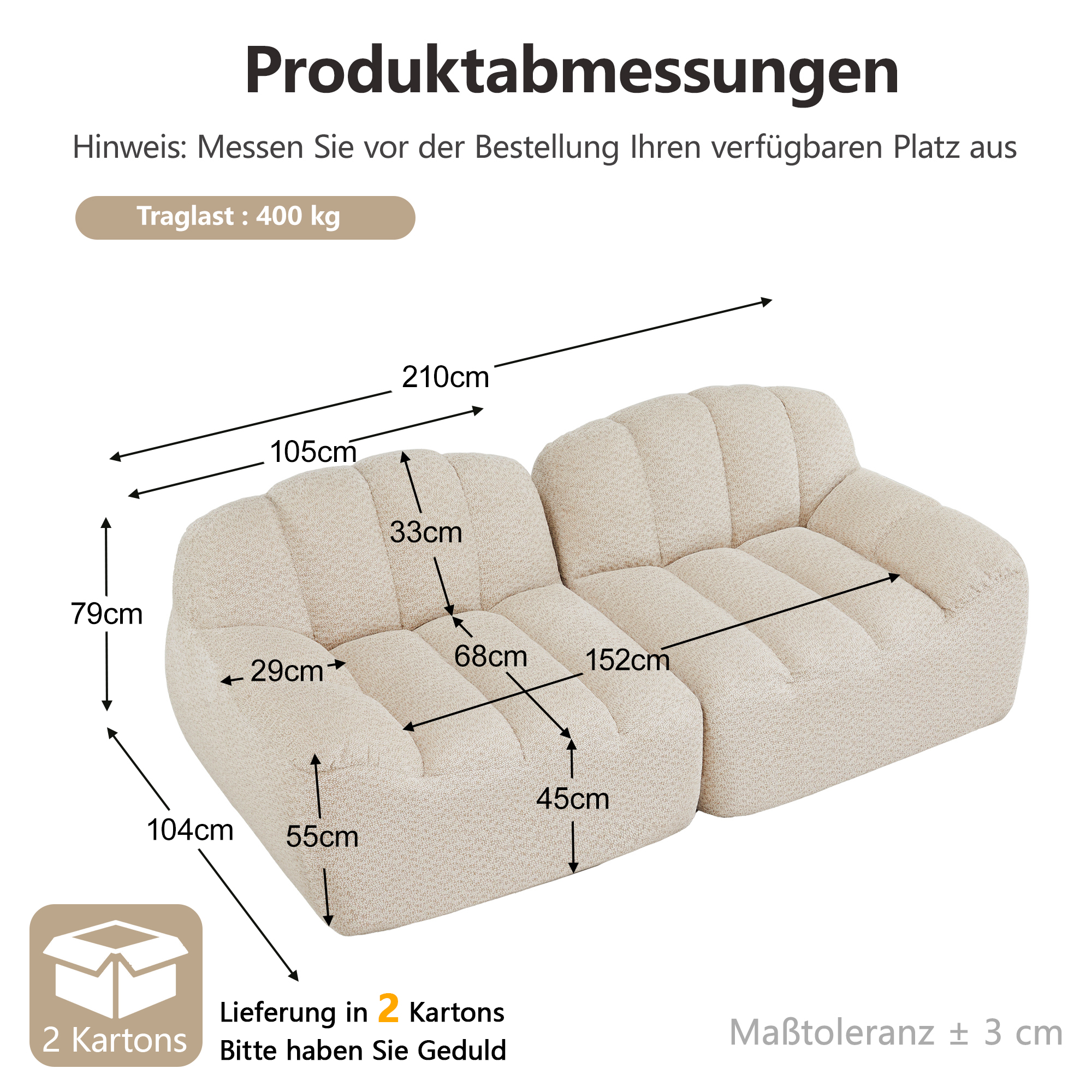 moduulisohva 3-paikkainen beige valkoinen granulaarinen villapellava moderni pehmeä säädettävä