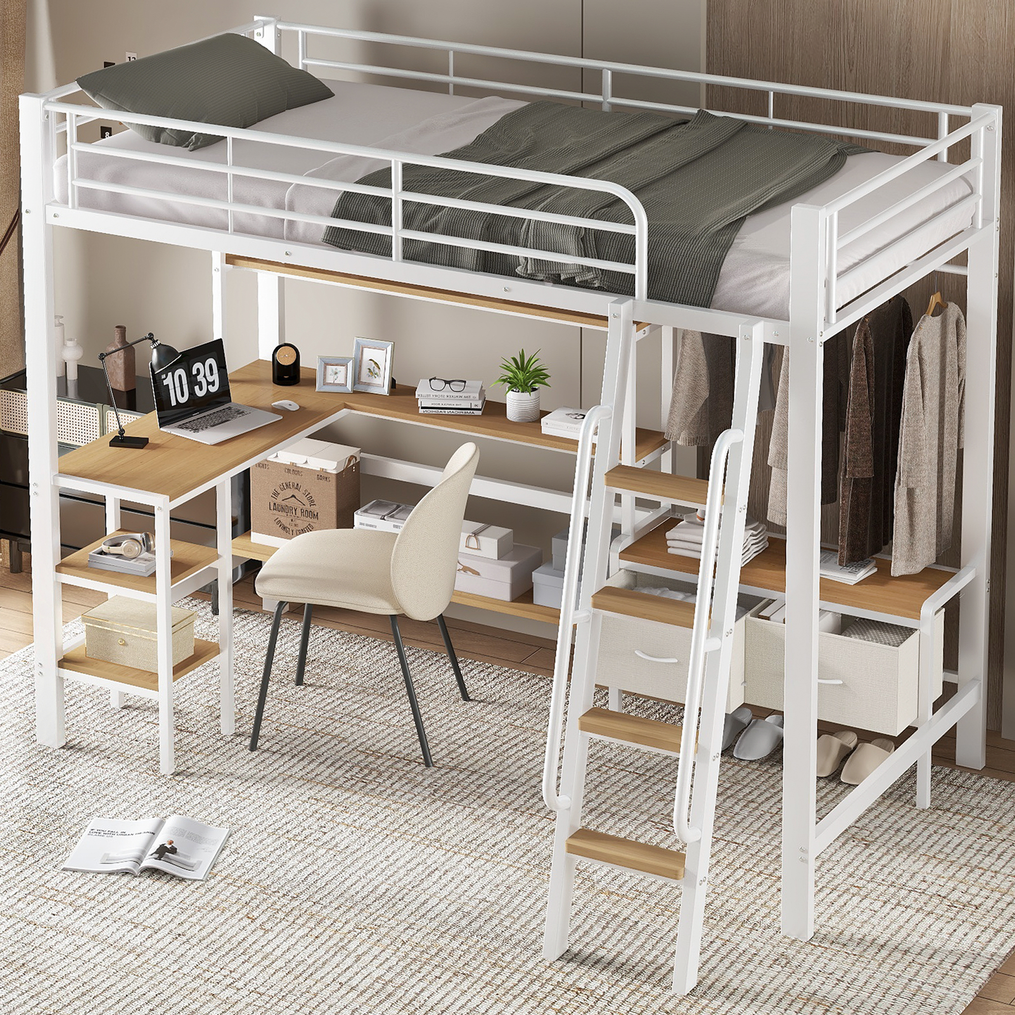 sänky 90x200 cm turva-aidat säilytystila schreibtisch laatikot valkoinen ja luonnonväriset metalli ja MDF