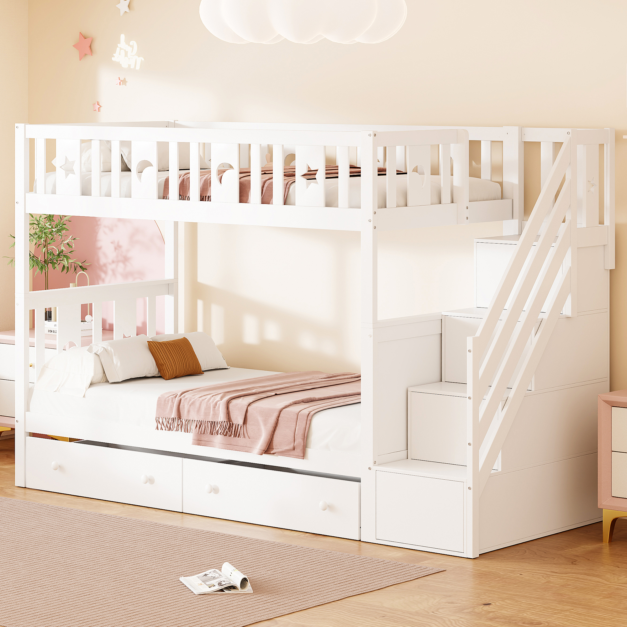 Kaksikerrossänky, jossa on säilytysportaat ja kaksi suurta laatikkoa, massiivipuuta, sisältäen säleet