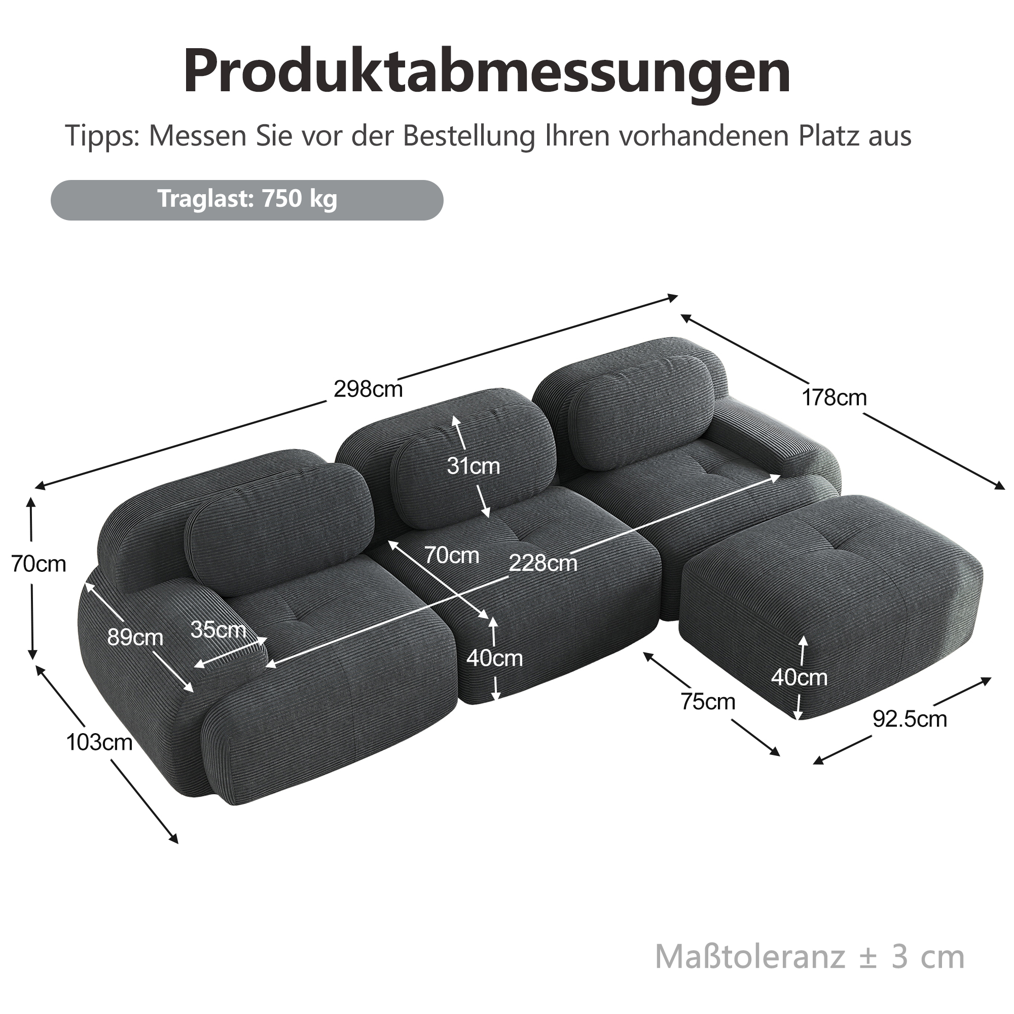 moduulisohva 3-paikkainen harmaa korduaanikangas ergonominen säädettävä