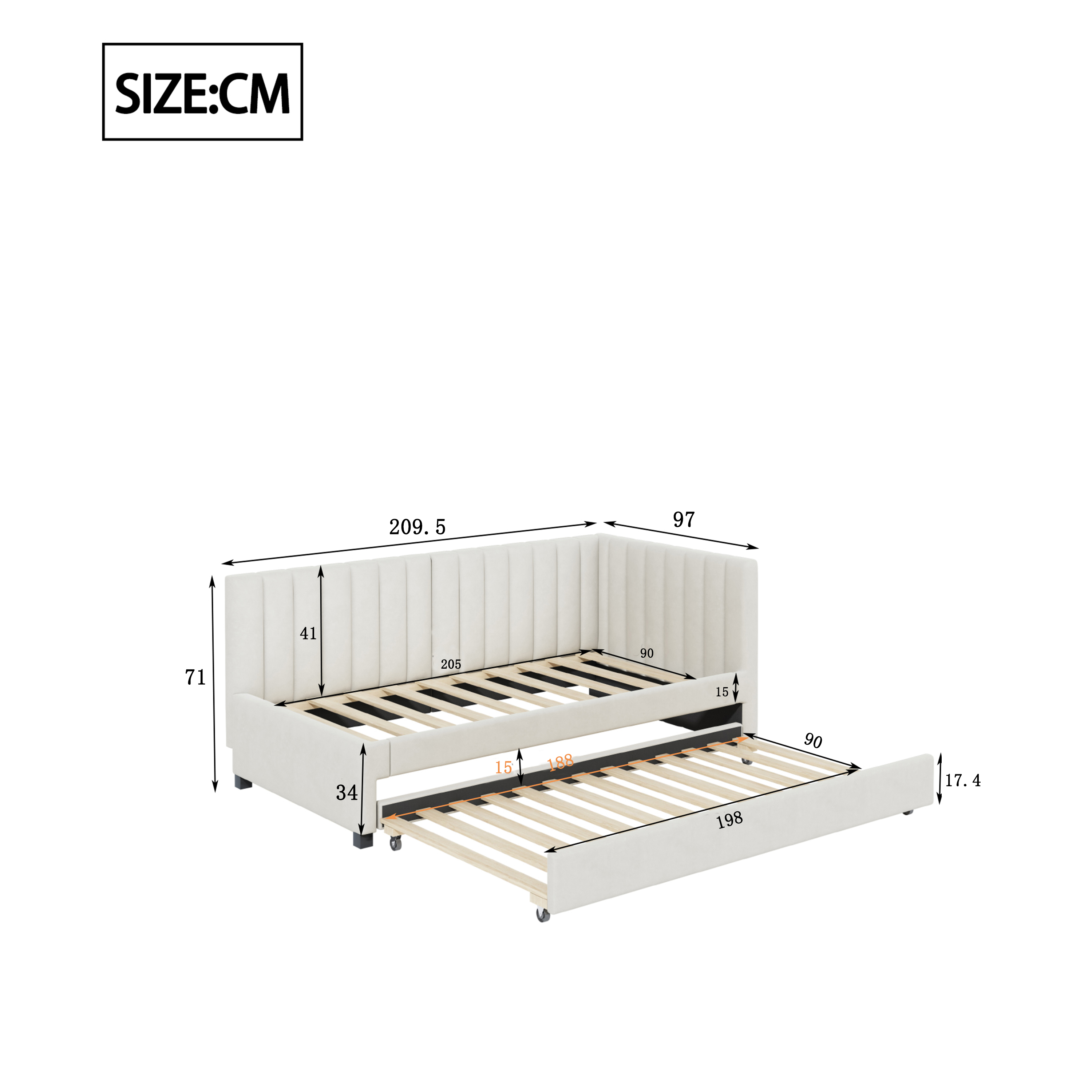 Vuodesohva 90 x 200 cm, Beige Sametti, Jatkettava