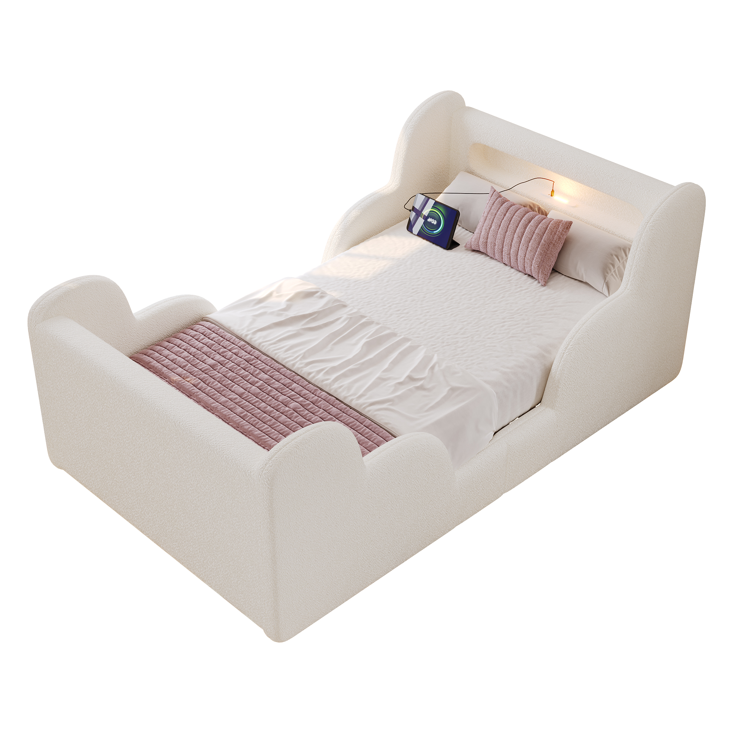 sänky 90x200 cm turva-aidat LED-valaistus ja USB-lataus beige bouclé