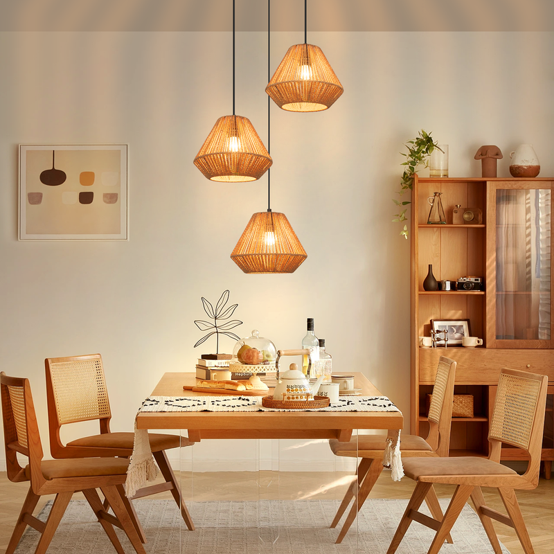 NETTLIFE 3 hehkulamppua rottinkirippuvalaisin vintage punottu heinäkorsi E27 boho säädettävä korkeus makuuhuone olohuone (lamppu ei mukana)