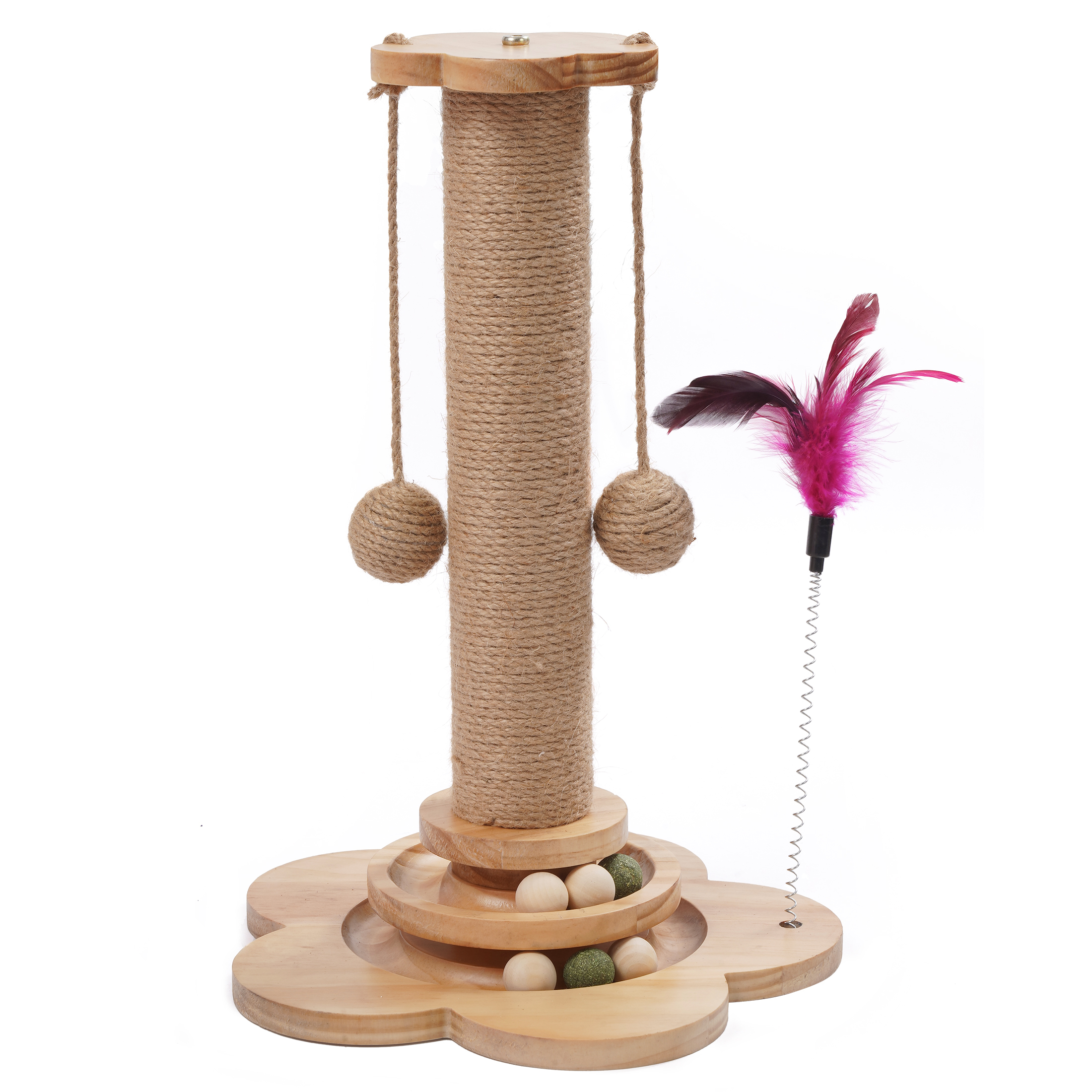 Kissan raapimispuikko – seisova, leluilla ja höyhenellä varustettu