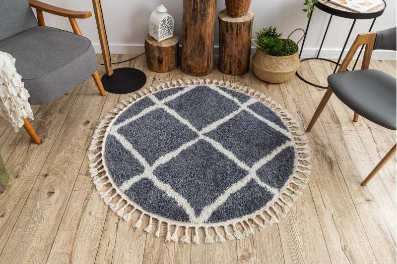 Matto BERBER CROSS B5950 pyöreä harmaa / valkoinen Tupsut berbery Marokkolainen shaggy pyöreä 120 cm