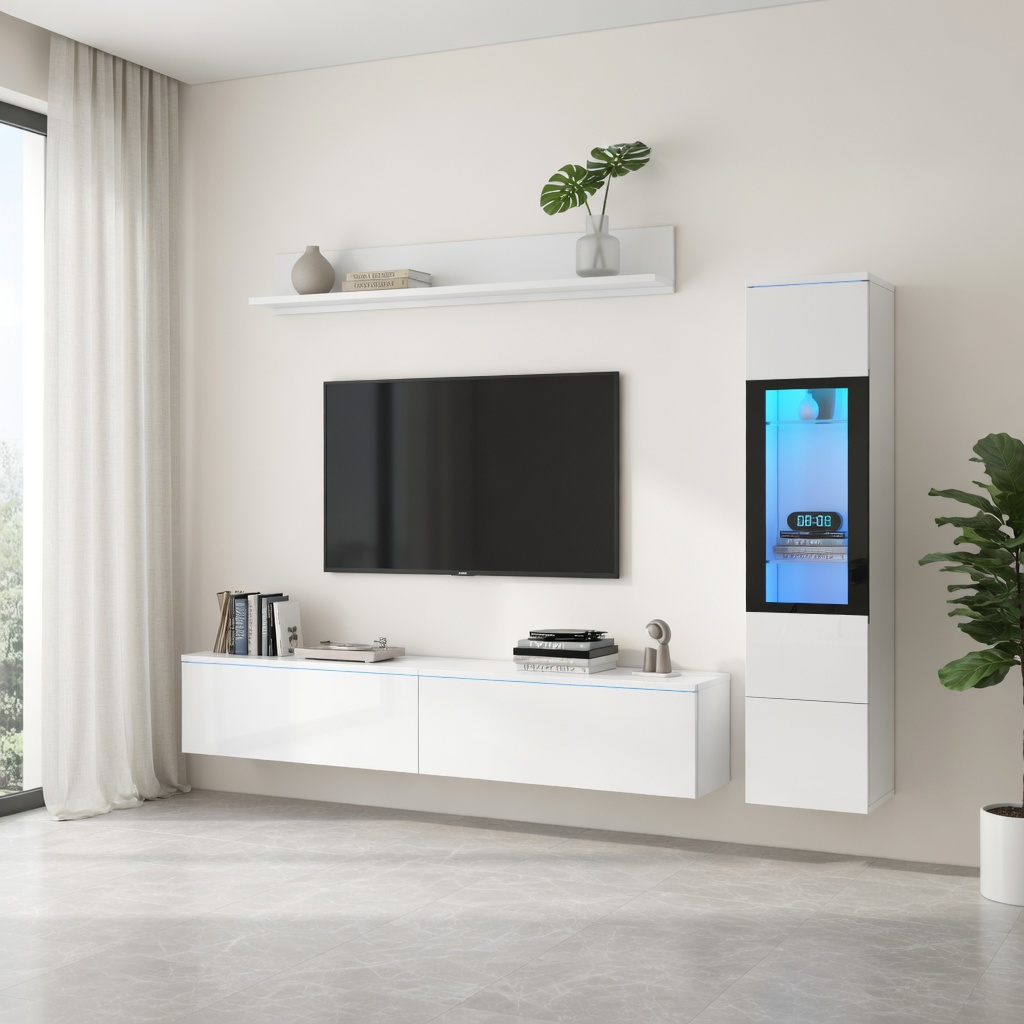 TV-taso 180x33x30 cm valkoinen lastulevy säilytyksellä ja liukuovilla