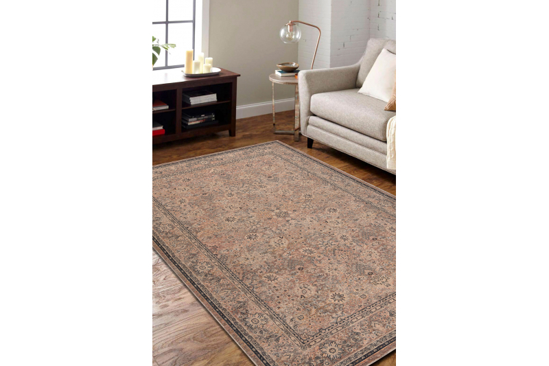 Villamatto ANTIGUA 518 74 JF300- Kukat, kehyskuviolla, litteä kudottu beige 200x300 cm