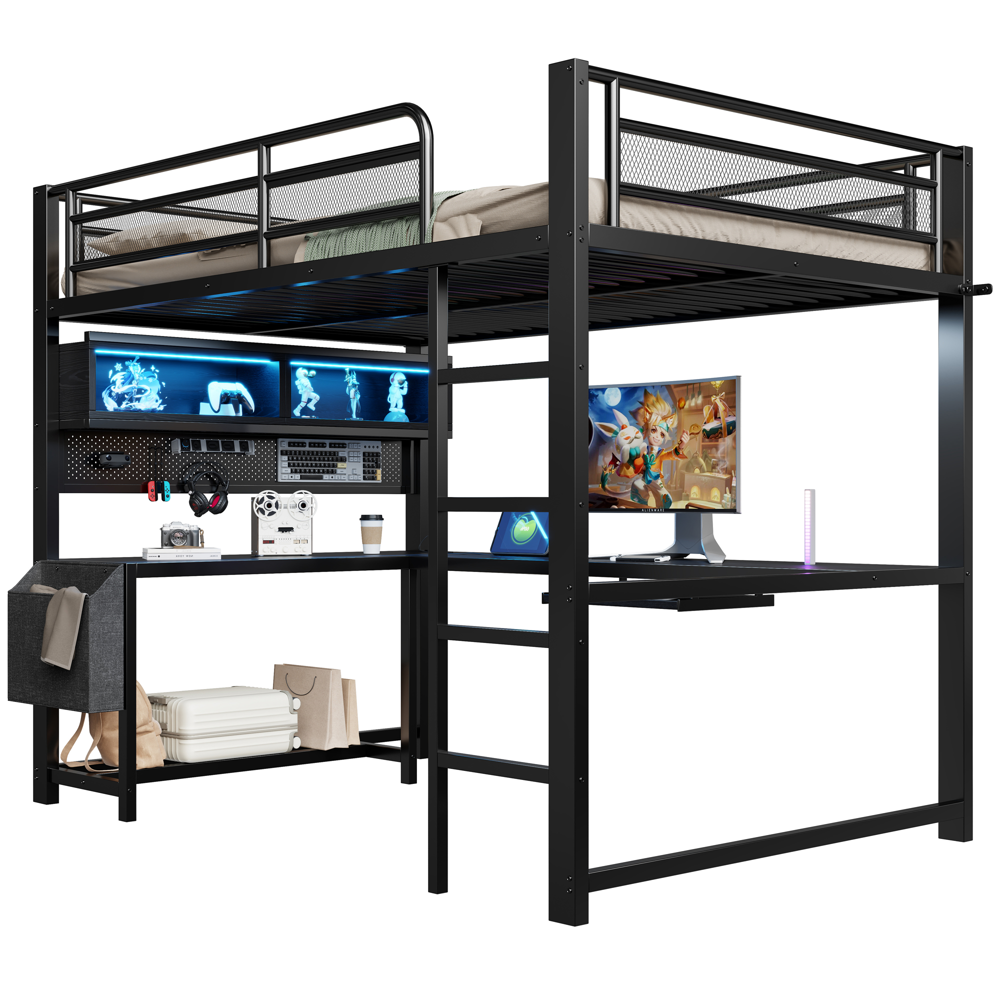sänky 140x200 cm schreibtisch säilytystila LED-valaistus musta MDF ja metalli