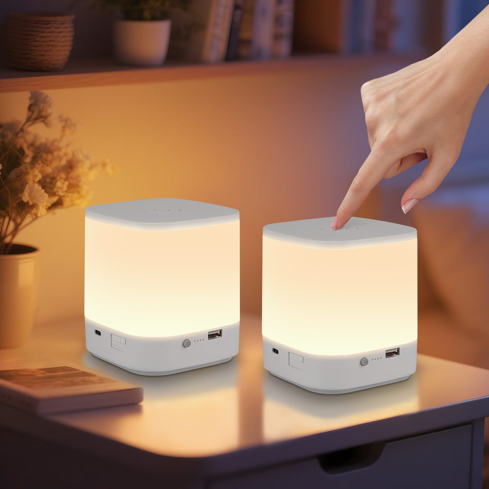 NETTLIFE 2 kpl LED-pöytävalaisimia, joissa 3 värilämpötilaa, yöpöytävalaisin, 3600 mAh akku, USB-lataus