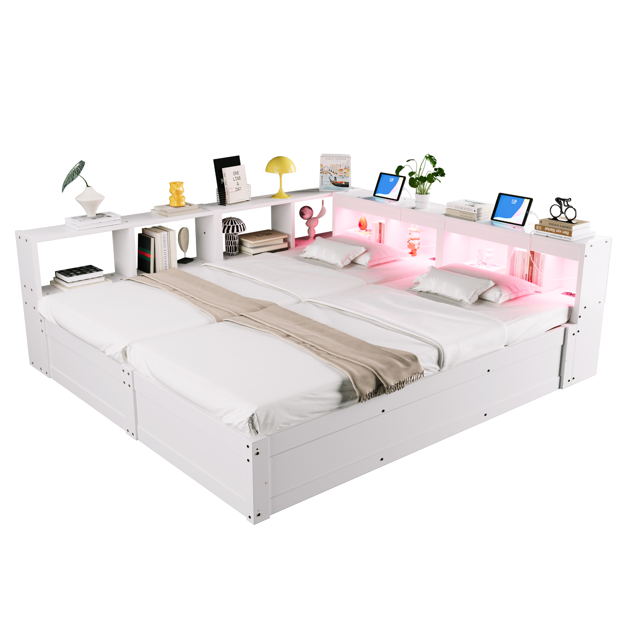 sänky 90x200 cm säädettävä LED-valaistus säilytystila valkoinen MDF