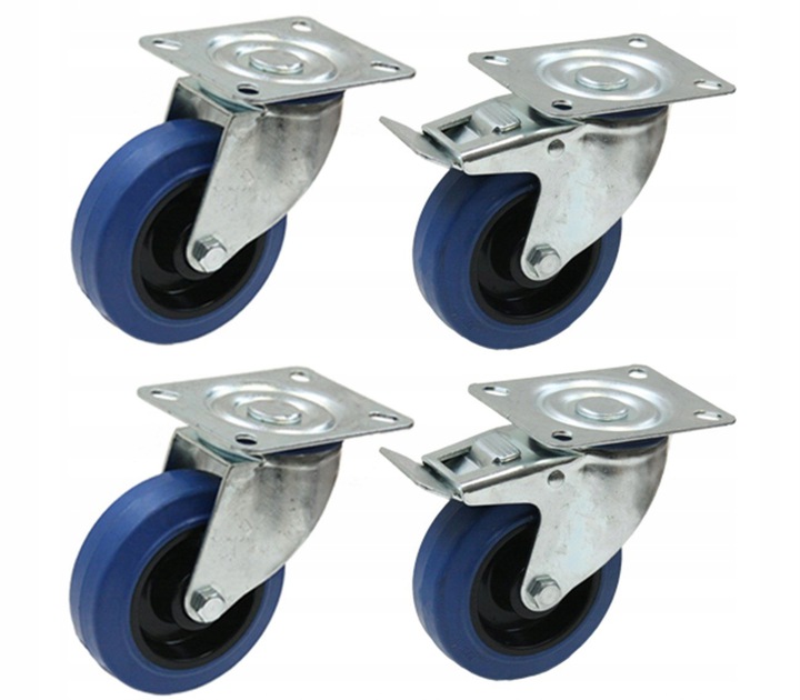 4 kpl:n sarja - 100mm BLUE ELASTIC SWIVEL CASTOR 150Kg & 100mm BLUE ELASTIC BRAKE CASE