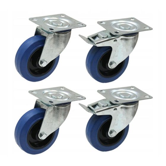 4 kpl:n sarja - 100mm BLUE ELASTIC SWIVEL CASTOR 150Kg & 100mm BLUE ELASTIC BRAKE CASE