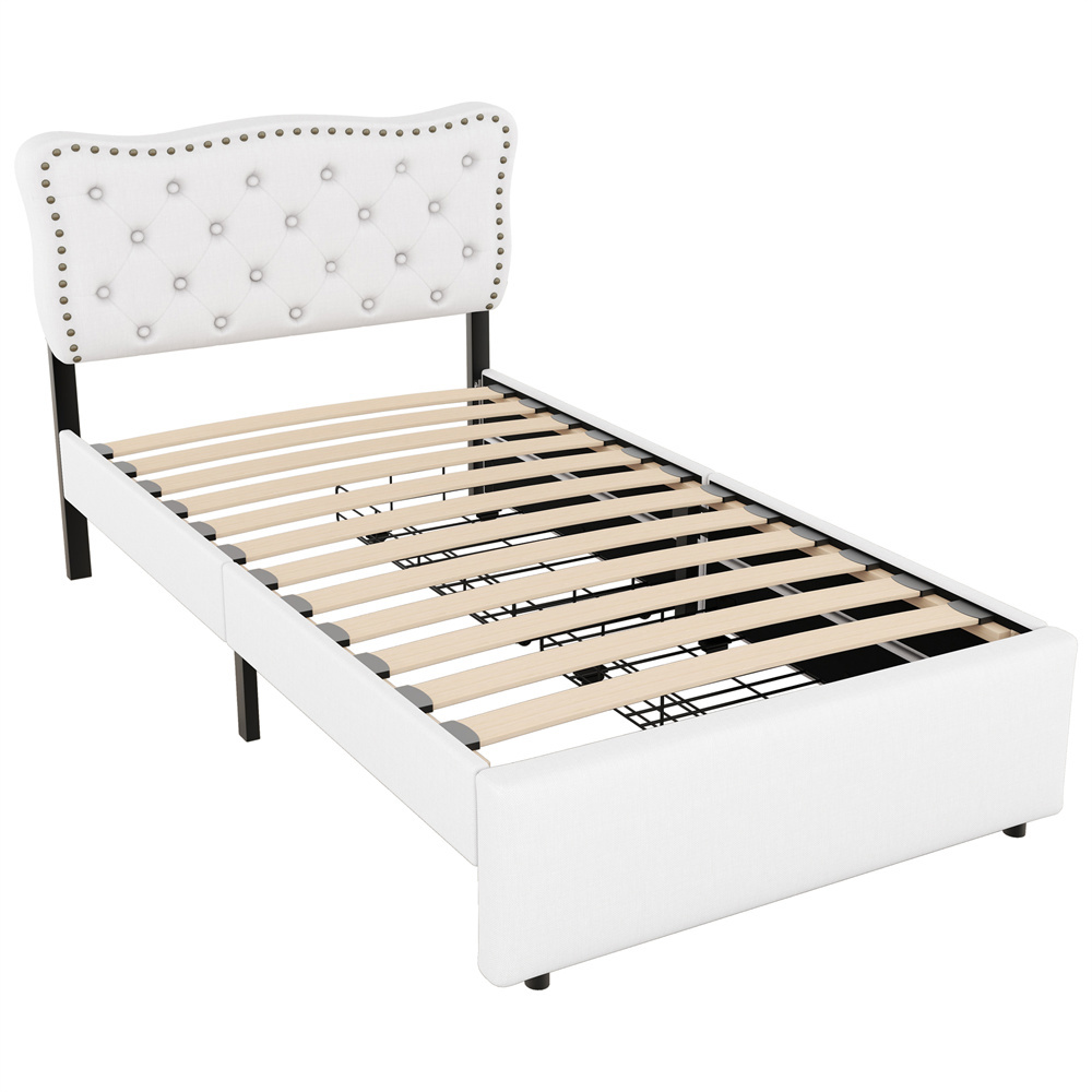 Verhoiltu Sänky 90 x 200 cm, Vaalea Beige Pellava + MDF, Yöpöytä + Niitit + 2 Laatikkoa