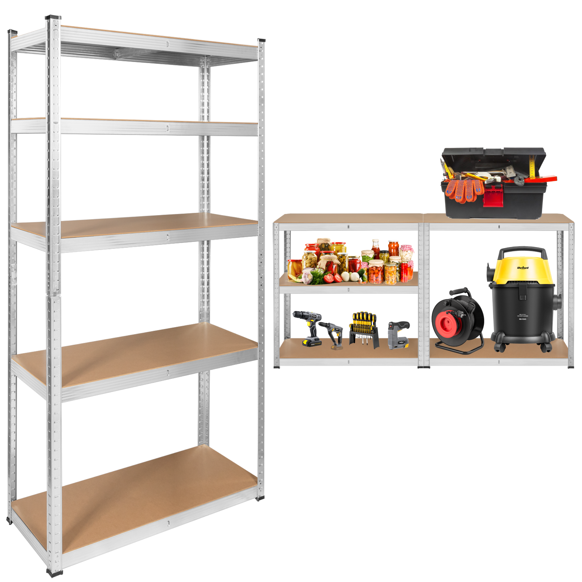 Rebel 2-in-1 metallinen säilytysteline, 5 hyllyä, autotalli, 180x90x40cm, 750kg