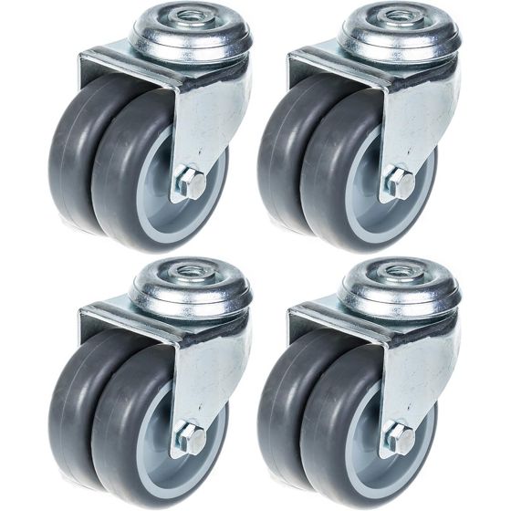 75 mm:n (3 tuuman) kaksoispyöräiset pyörät, harmaa kumi, kääntyvät, kantavuus 400 kg, 4 kpl:n sarja