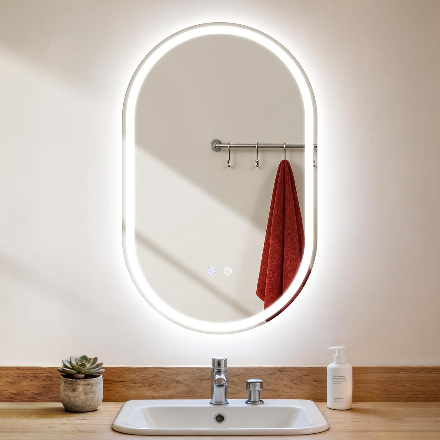 NETTLIFE Soikea LED-kylpyhuoneen peili 50x80cm, Kosketusohjaus, Huurtumaton, Himmennettävä 3000-6500K, IP44 Seinäpeili