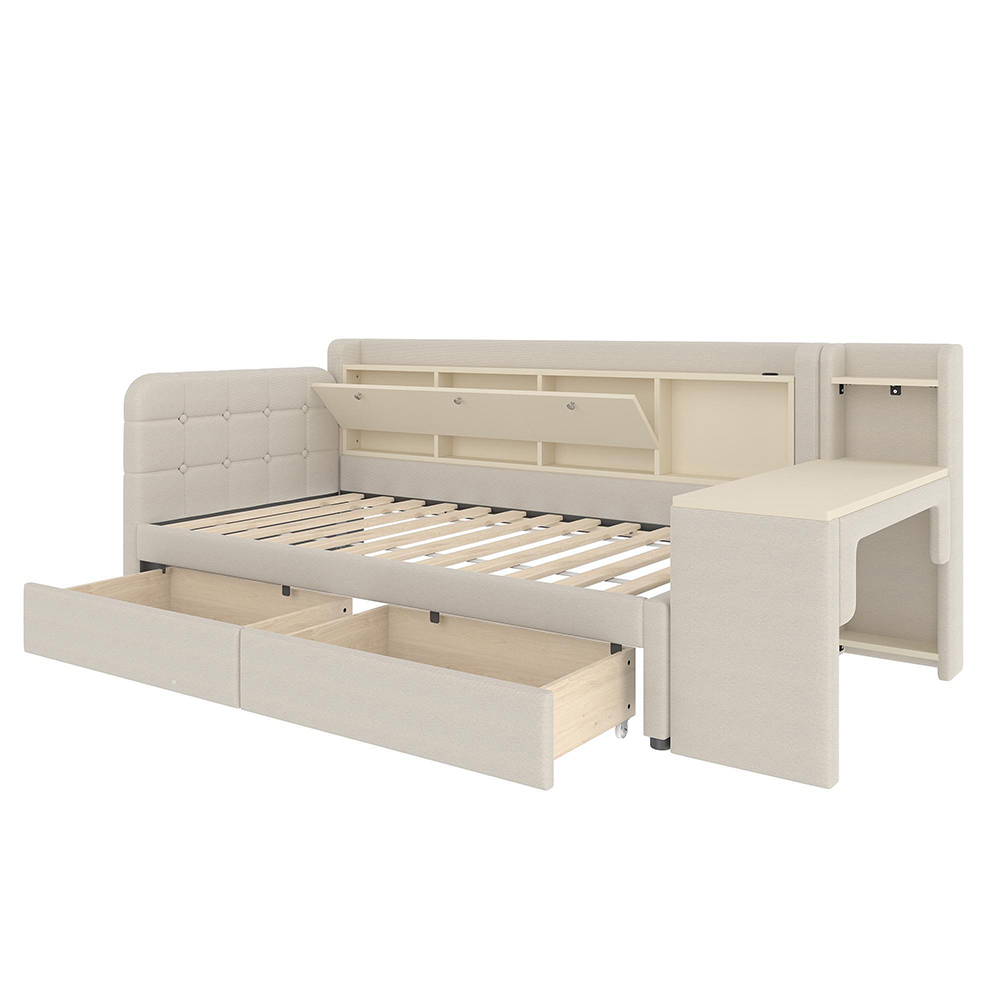 Divaanisänky 90 x 200 cm, Beige, 2 Laatikkoa + Työpöytä + Säilytyslokero