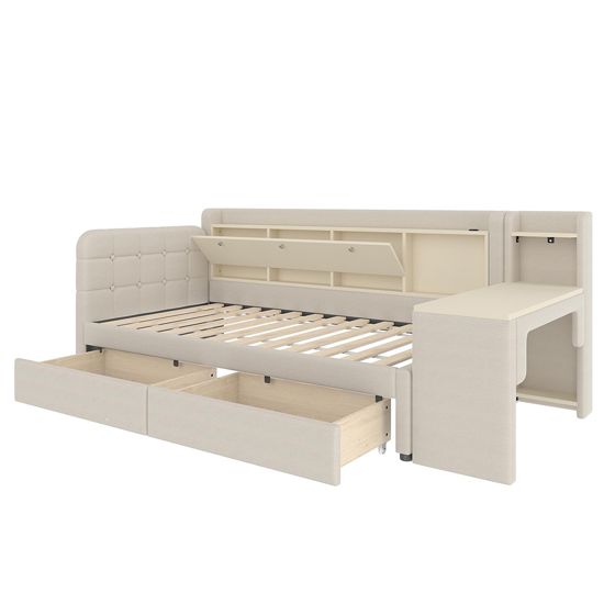 Divaanisänky 90 x 200 cm, Beige, 2 Laatikkoa + Työpöytä + Säilytyslokero