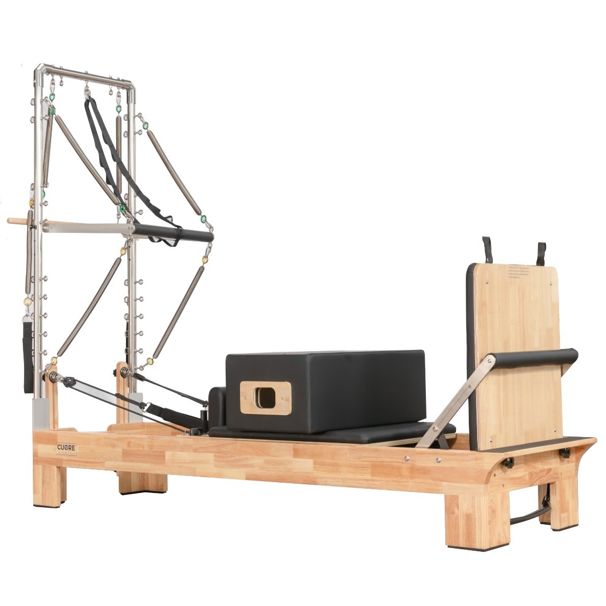 Cuore Pilates -reformer puutornilla: tanko ja taljat, enemmän vastuksia ja etenemistä