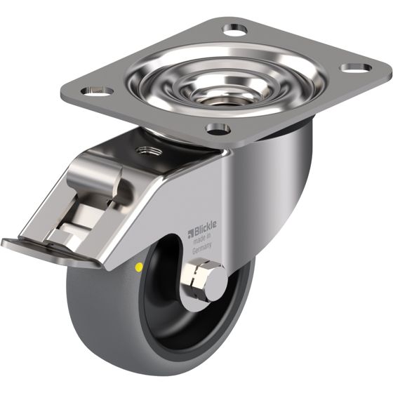 80 mm:n ruostumattomasta teräksestä valmistettu kääntyvä/jarrullinen pyörä, jossa on harmaa sähköä johtava lämpö.