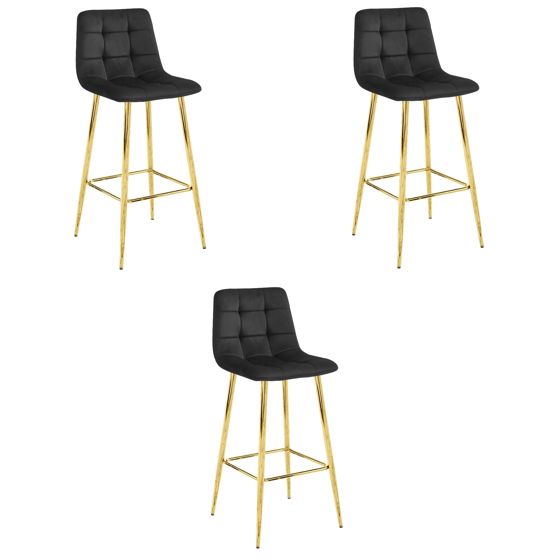 ARCETO baarijakkara 3 kpl, musta sametti, kultaiset jalat