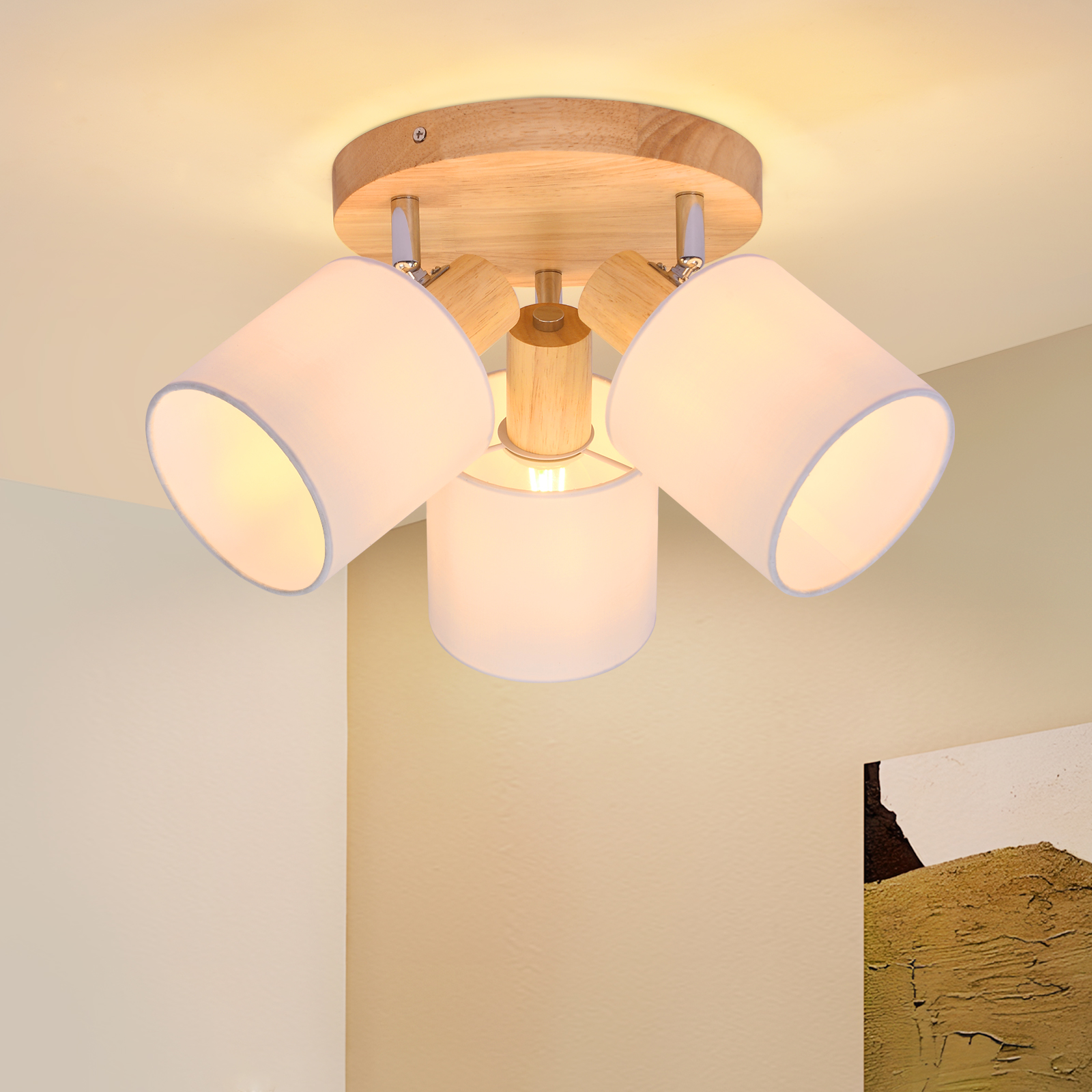 NETTLIFE - kattospottivalaisin, 3 lamppua, pyöreä puinen LED - kattovalaisin, E14, 350° kallistuva