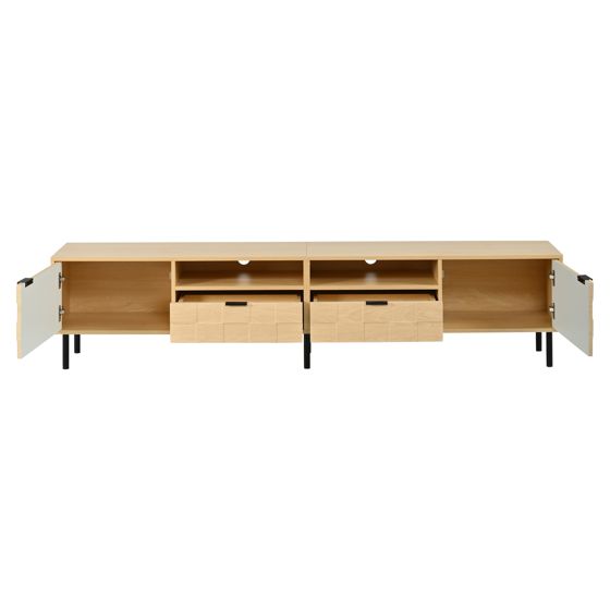 TV-taso 200x35x44.5 cm luonnonpuun väriin lastulevy ja MDF säilytyksellä ja liukuovilla