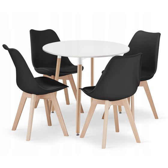 KAMI 80 pyöreä pöytä, valkoinen, 4 MARK-tuolia, musta
