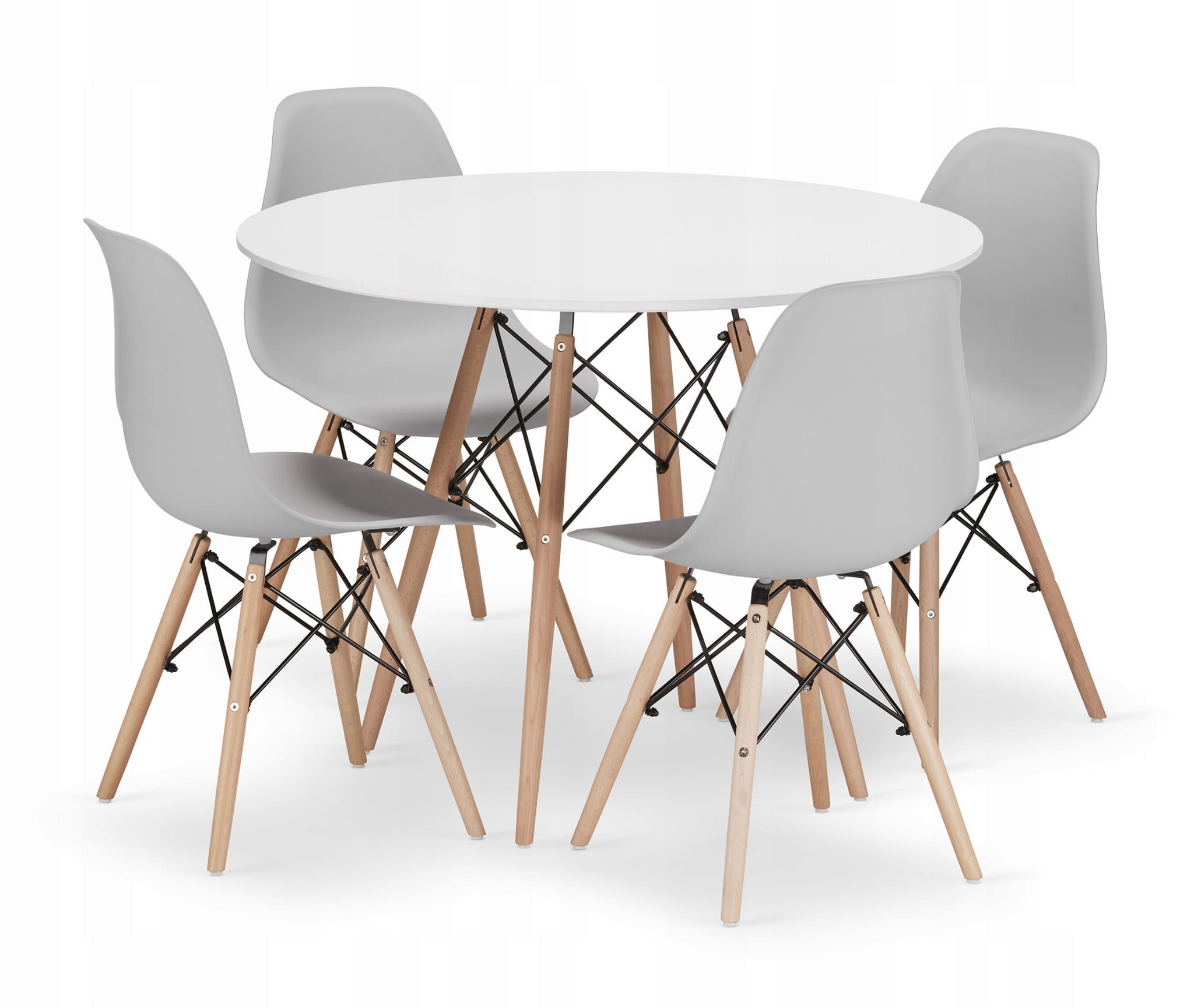 TODI 100 pyöreä pöytä valkoinen ja 4 OSAKA-tuolia harmaa