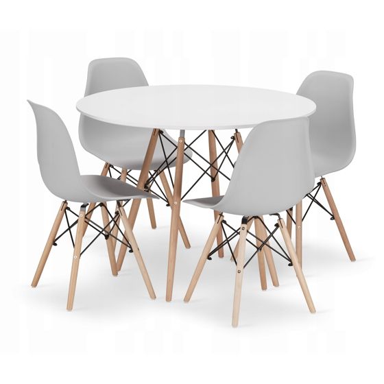 TODI 100 pyöreä pöytä valkoinen ja 4 OSAKA-tuolia harmaa