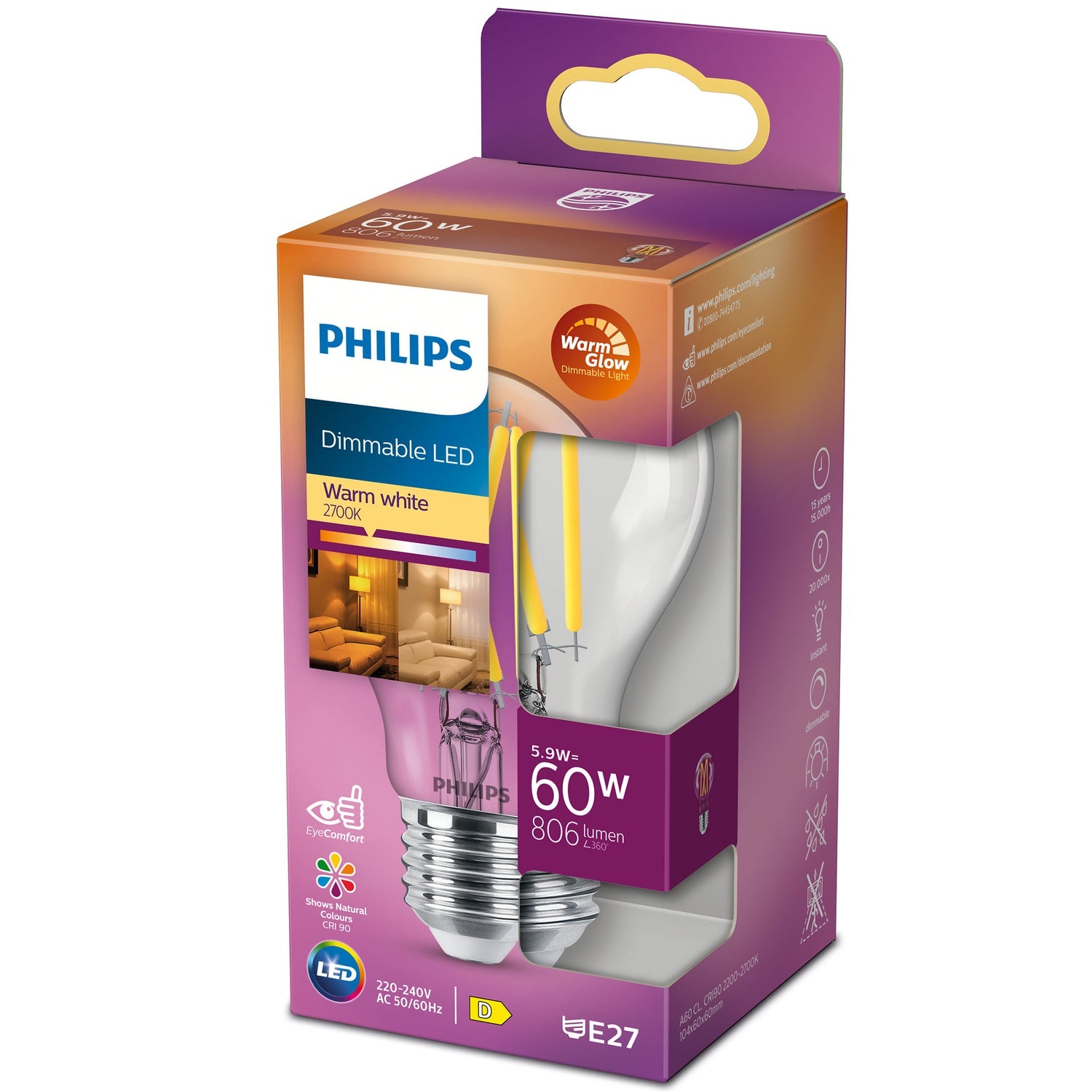 LED E27 Normaali 60W kirkas himmennettävä WarmGlow 806lm