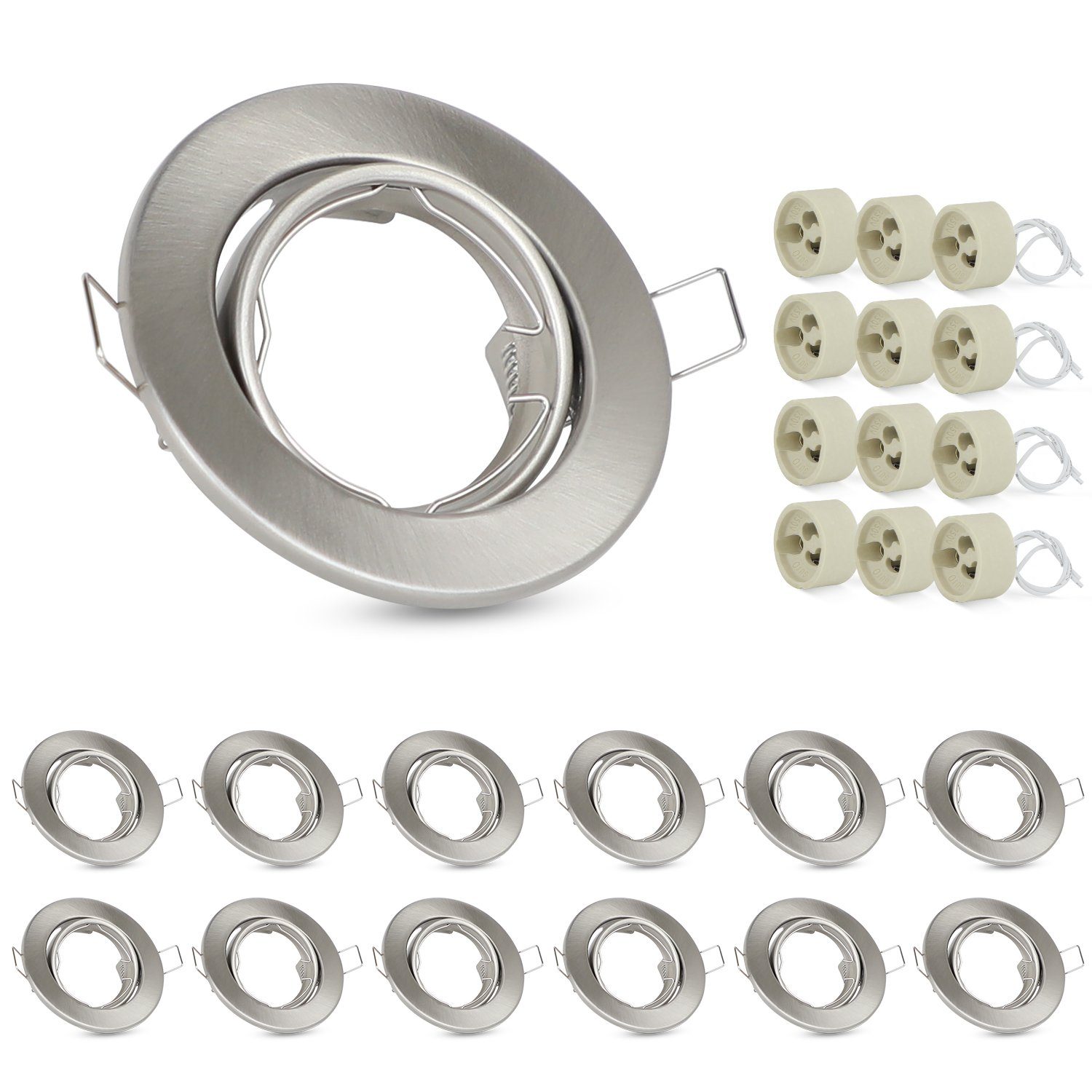 NETTLIFE-setti 12 kohdevaloa, upotettavat GU10-pistorasiat, 230 V, 50 mm:n valonkehys, upotettava, kääntyvä 30°, LED-halogeenilampuille