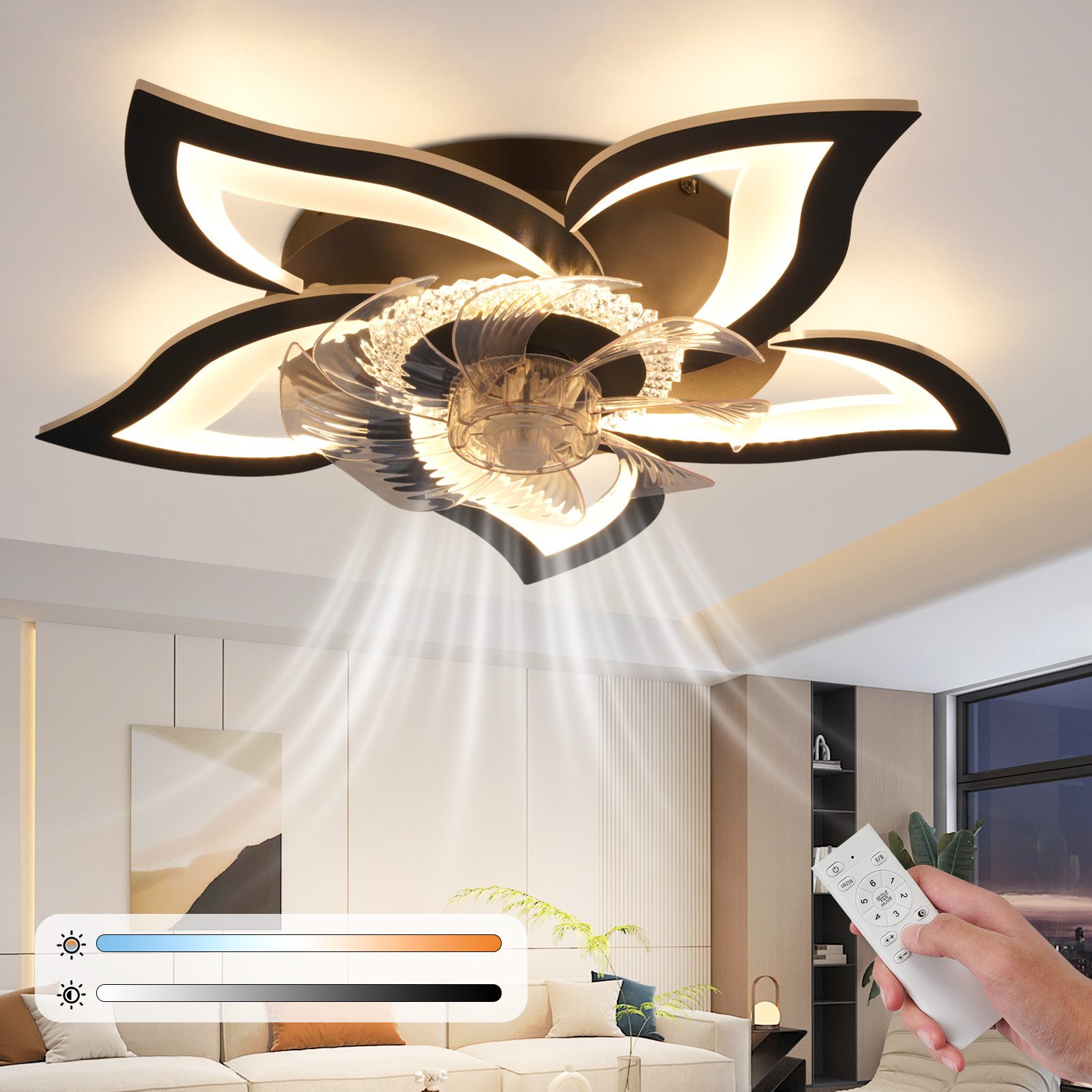 NETTLIFE LED-kattotuuletin valaistuksella 48 W musta hiljainen kaukosäädin himmennettävä 3 värilämpötilaa ajastin 6 nopeutta