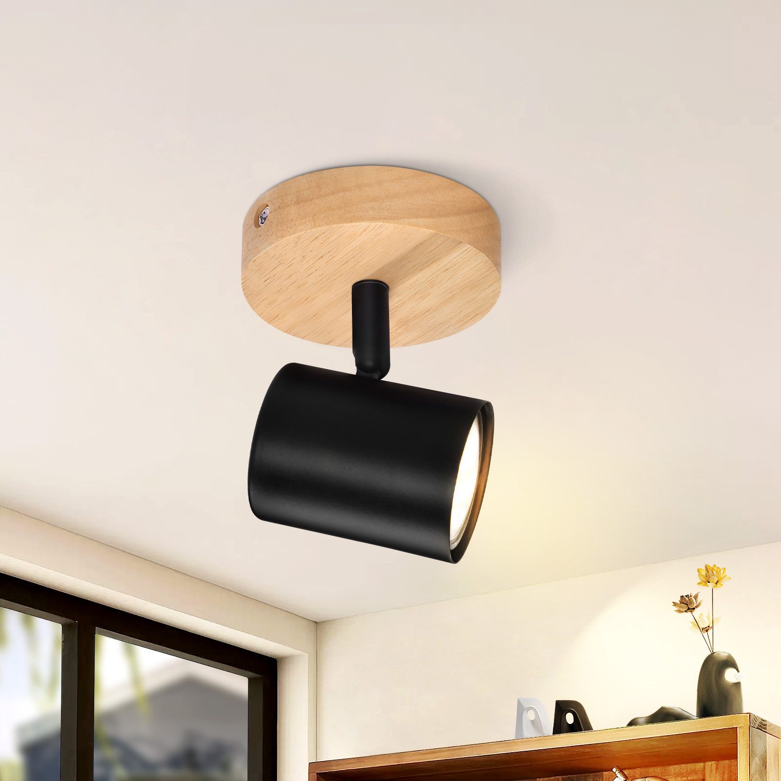 NETTLIFE 1- liekkinen LED - kattovalaisin - Musta GU10- kattovalaisin Kääntyvä kohdevalaisin Puinen MAX.40W Ilman polttimoa