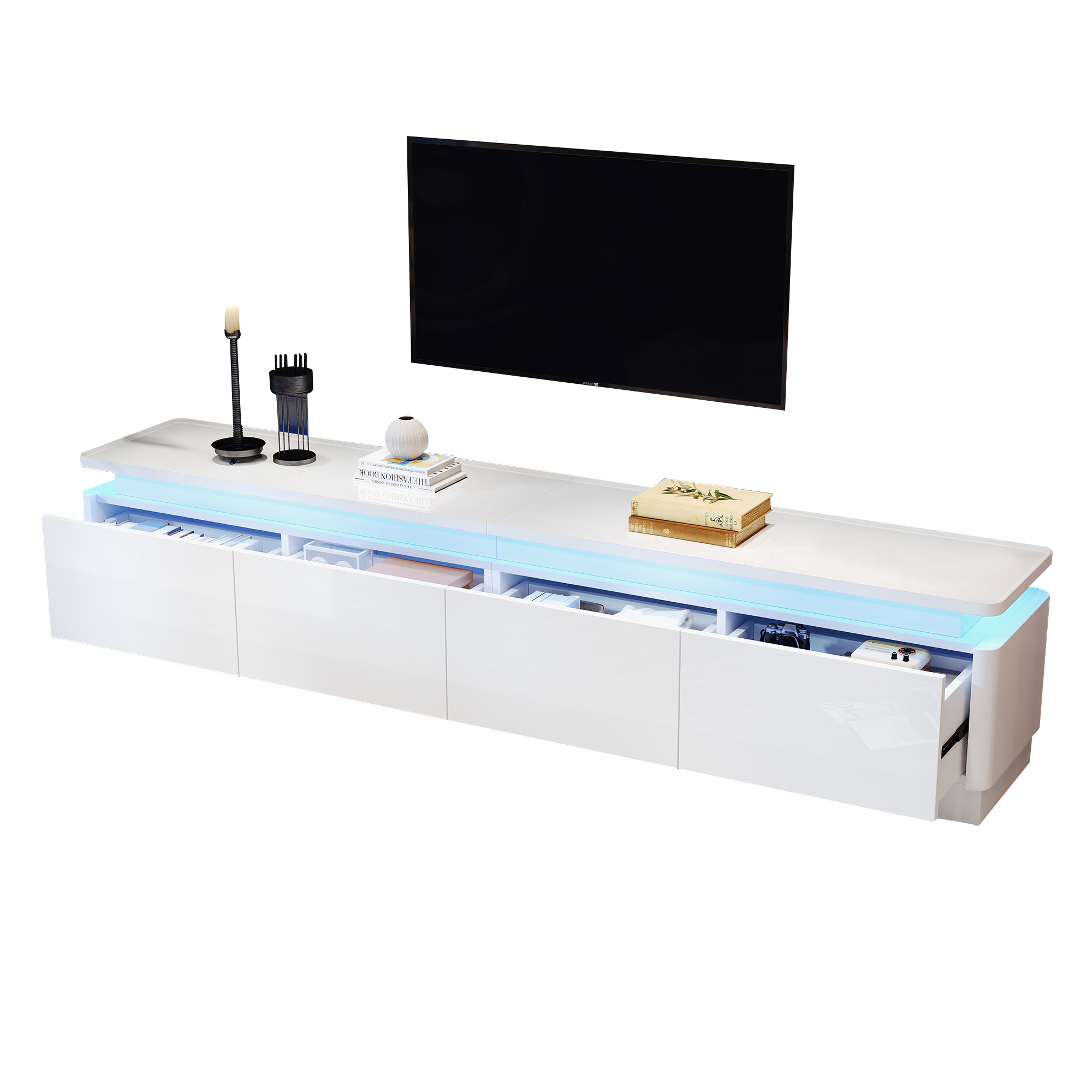 TV-taso 180x34x40 cm valkoinen lastulevy säilytyksellä ja LED-valaistuksella