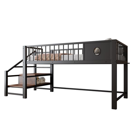 Matala kerrossänky 90x200, lasten, tikkailla ja säilytystilalla, metalli, musta