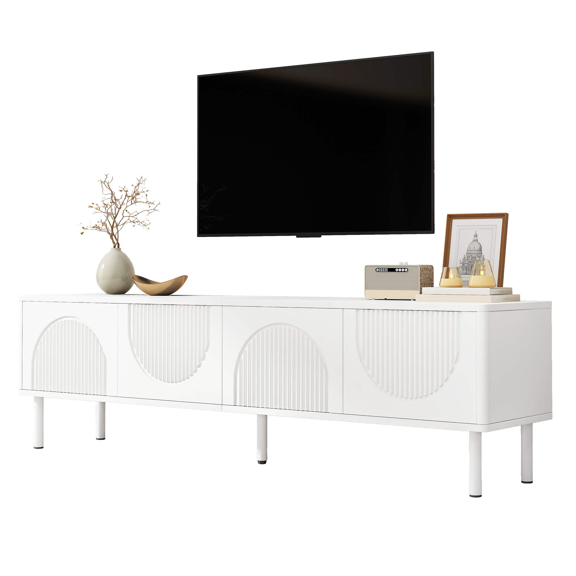 TV-taso 180x40x52 cm valkoinen lastulevy MDF säilytyksellä ja johtoaukoilla