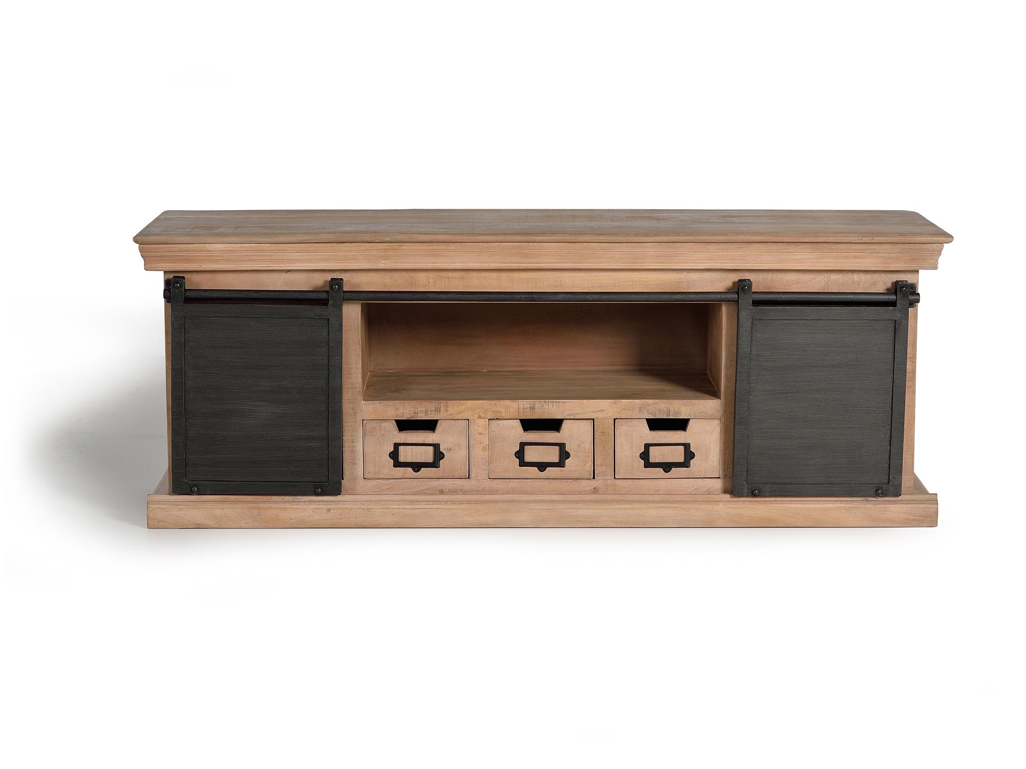 TV-taso mangopuusta, harmaat metallijalat