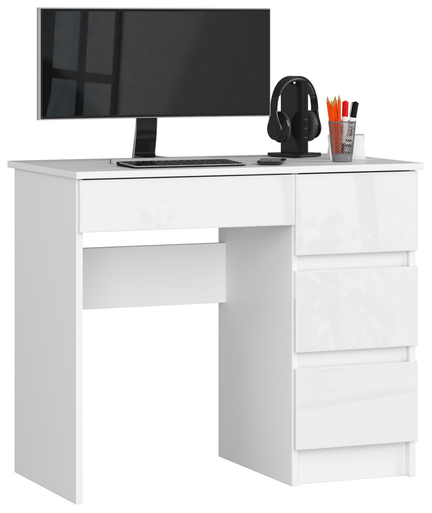 Akord Kirjoituspöytä 3 Laatikkoinen Oikea Valkoinen Korkeakiilto 90x50x77