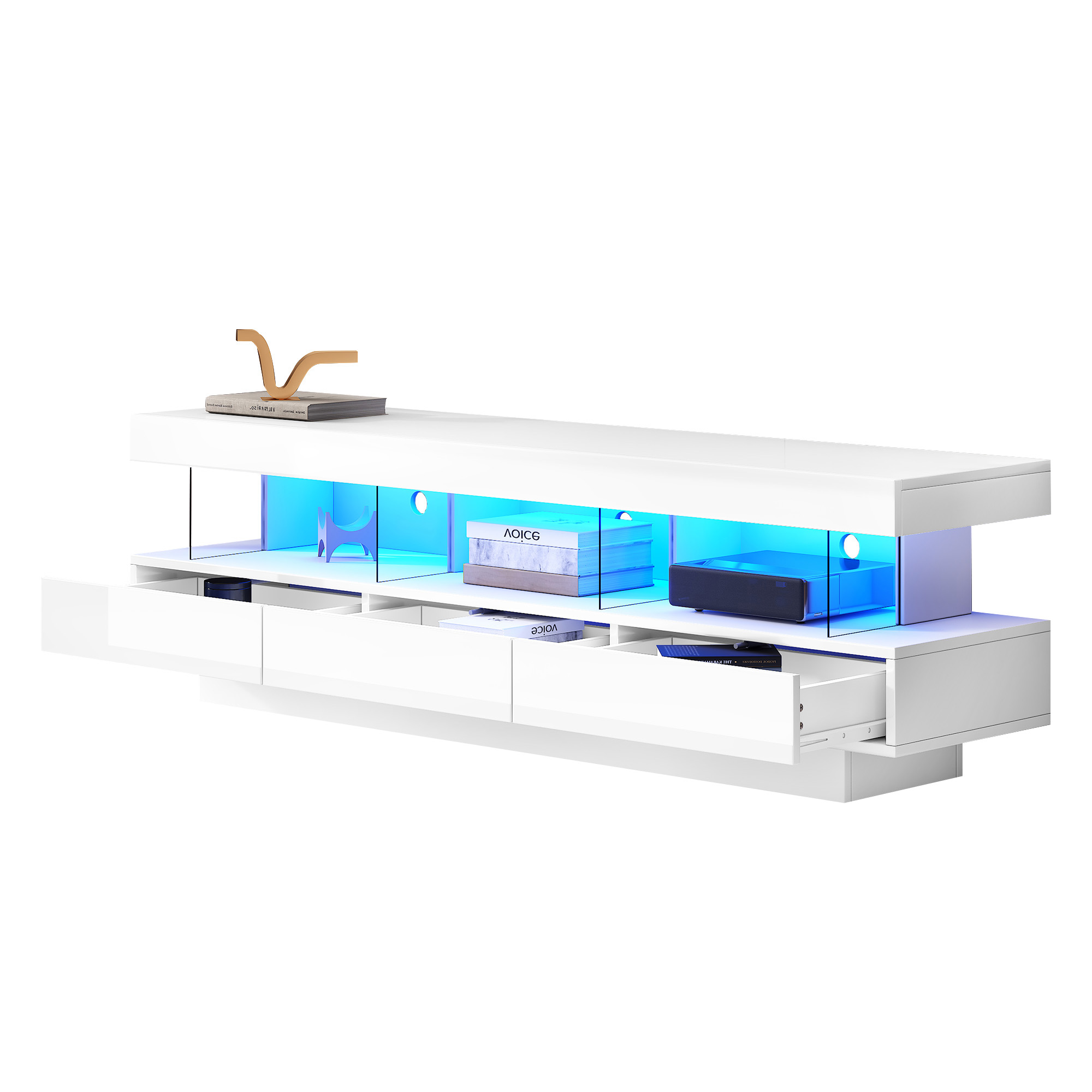 TV-taso 160x38x50,5 cm valkoinen kiiltävä lastulevy säilytyksellä ja LED-valaistuksella