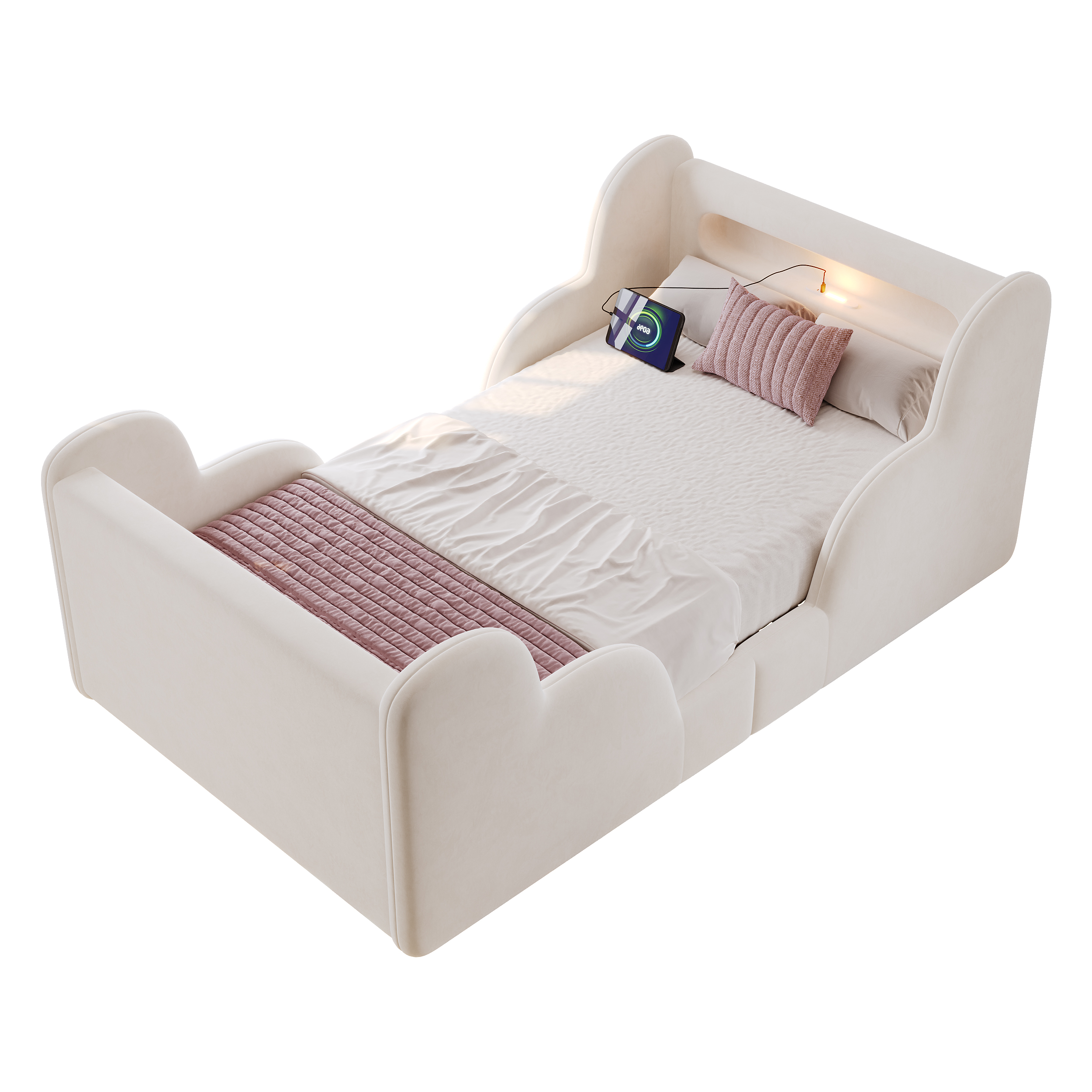 sänky 90x200 cm turva-aidat LED-valaistus ja USB-lataus beige sametti