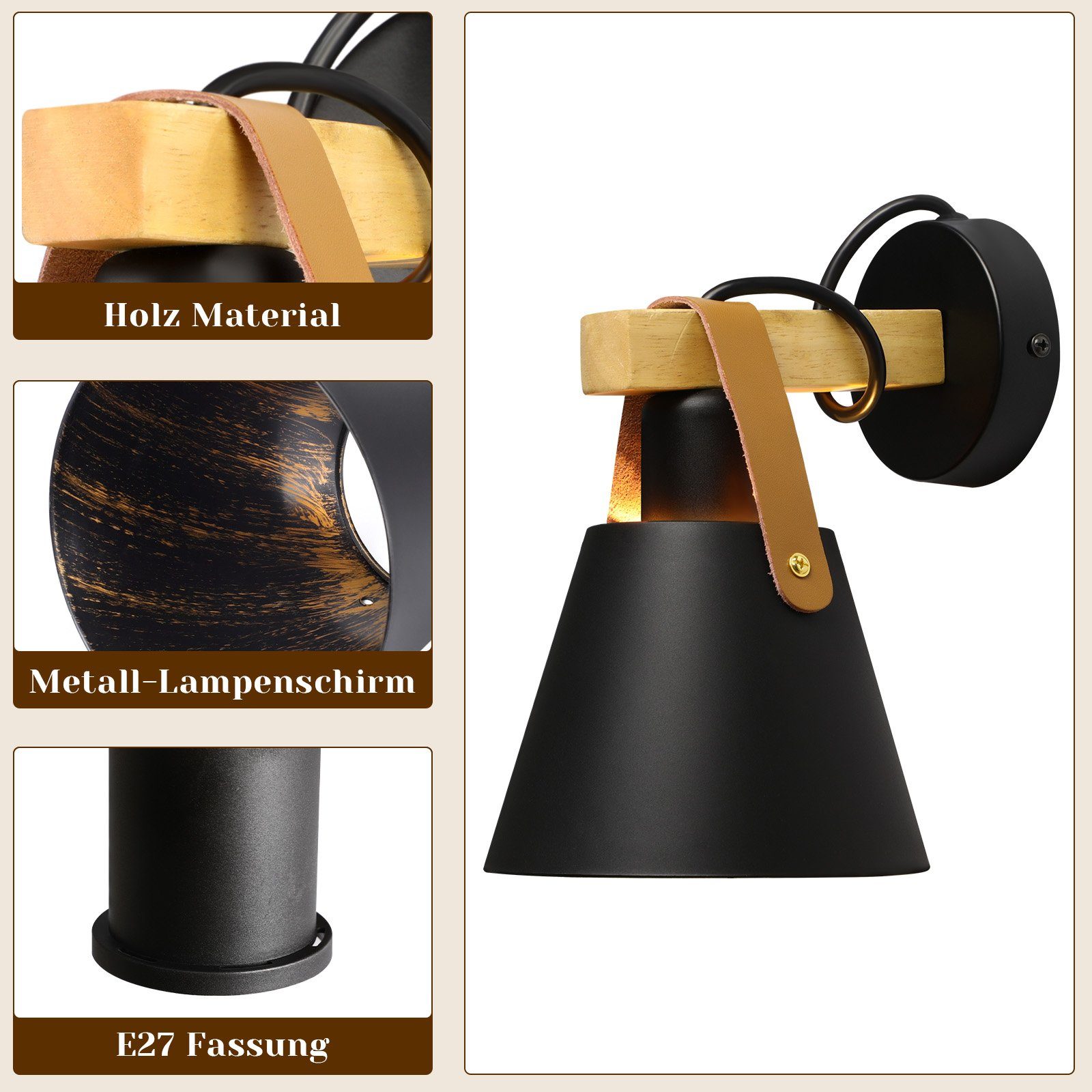 NETTLIFE Vintage, Retro - seinävalaisin, E27, musta, teollinen, sisäseinävalaisin, puu, nahka, muovi, (ilman, lamppua,)